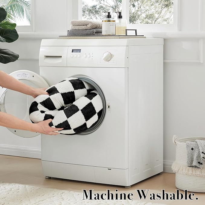 Checkered Cat Dog Bed, Cute Black White Retro Style Aesthetic Round Warming Pet Calming Beds for Small Dog and Cats, Plush Cozy Donut Beds Washable, 23" L x 23" W x 8" Th