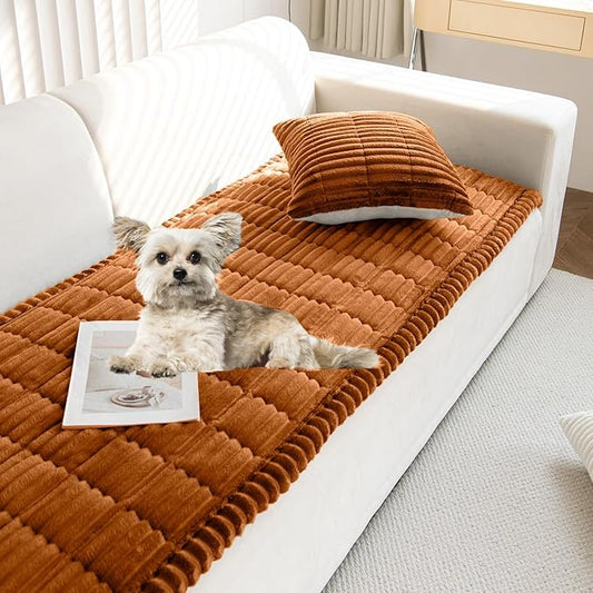 Faux Fur Plush Dog Couch Cover 3D Stripe Fuzzy Sofa Cover Non-Slip Fluffy Dog Bed Cover Pet Blanket Sofa Couch Furniture Protector for Puppy Large Dog Cat (Brown,28"x70")