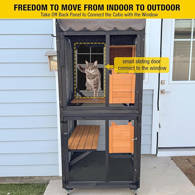 Aivituvin Outdoor Catio Cat Enclosures on Wheels Cat House 70.9" Large Kitty House with Upgraded Resting Box,Waterproof Roof Cover,Brown