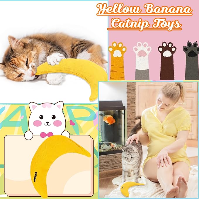 8 Pack Catnip Toys Yellow Banana Catnip Chew Toy Banana Cat Pillow Interactive Toy Kitten Banana Stuffed Catnip for Cat Kitten Paw Chew Biting Scrub Toy