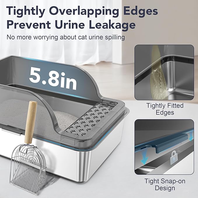 UPSKY Stainless Steel Cat Litter Box with Lid, XL Large Metal Litter Box for Large Breeds, Enclosed Kitty Litter Pan with High Sides, Leak-Proof & Non-Stick, Easy to Clean, Scoop and Mat Included