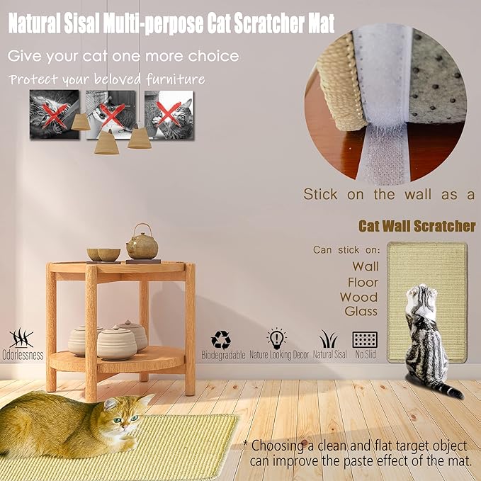 Cat Scratcher Mat, 23.6x15.7' Natural Sisal Scratching Pad with Velcro Tape, Stick on Floor and Wall Cat Scratch Mat Protects Carpet and Sofa