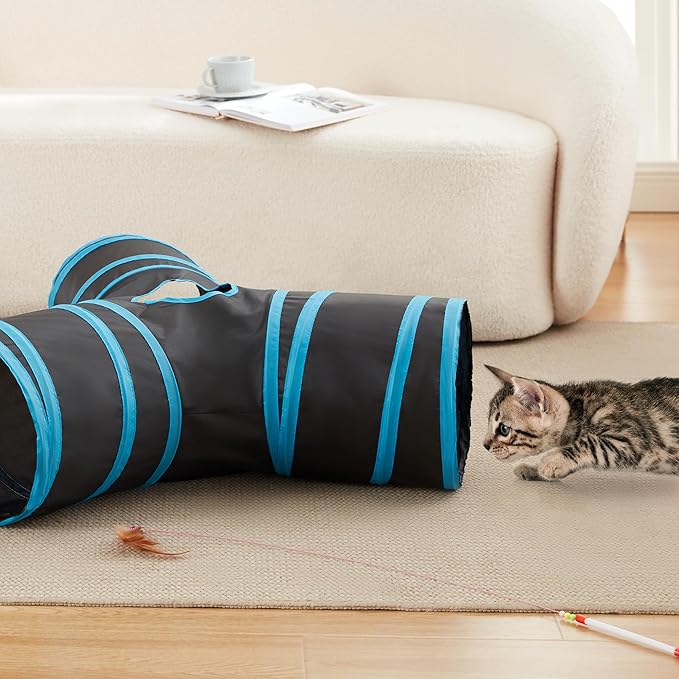 Love's cabin Cat Tunnel Tube Toys 3 Way Collapsible, Cat Tunnels for Indoor Cats，Kitten Tunnel Bored Pet Play Tunnel with Peek Hole Toy Ball for Kitty, Kitten, Rabbit, Puppy Blue
