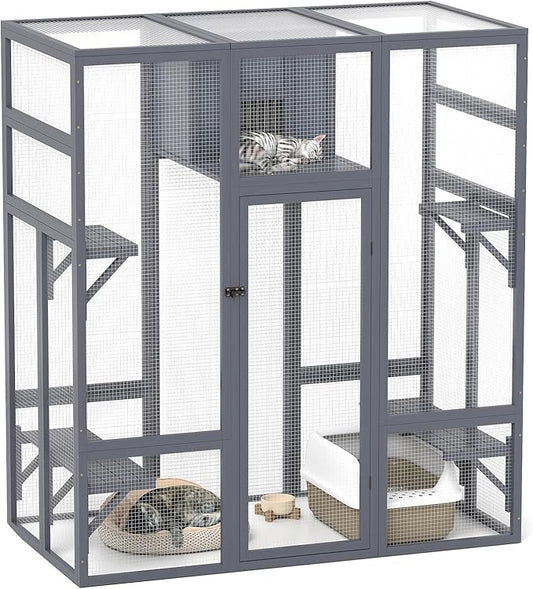 COZIWOW Upgraded Extra Large Outdoor Catio Enclosure with 4-Way Pet Door, Insulated Cat House, Weatherproof PVC Cover, Window Attachable, Gray