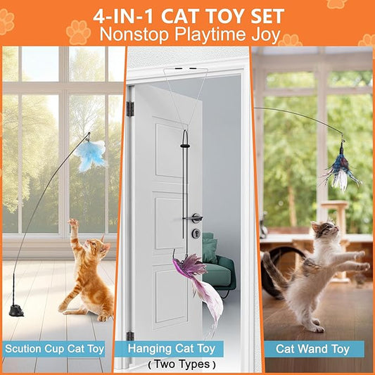 4-in-1 Interactive Cat Wand Feather Toys,Wand Self-Holding Suction Cups Base,Include Detachable 2 Simulation Bird Toy and 3 Feathers Toys,2 Types Hanging Door Kitten Toy