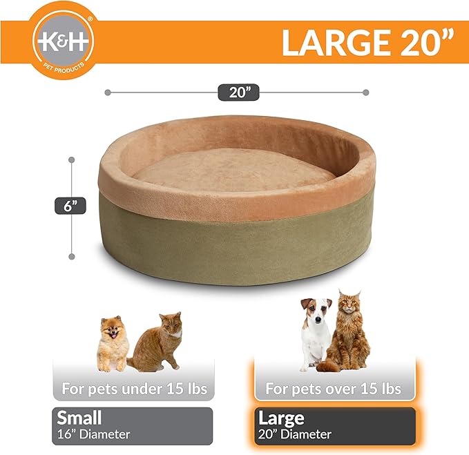 K&H Pet Products Thermo-Kitty Bed Heated Cat Beds for Large Indoor Cats & Dogs, Calming Warming Pillow Pet Bed, Machine Washable, Removable Heater, Safety Listed - Large 20" Round Sage/Tan