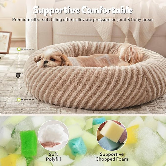 MIXJOY Donut Medium Dog Beds Medium Sized Dogs, Round Pet Beds with Removable Washable Cover, Faux Fur Cat Bed with Anti-Slip Bottom, 30"x30"x8", Beige