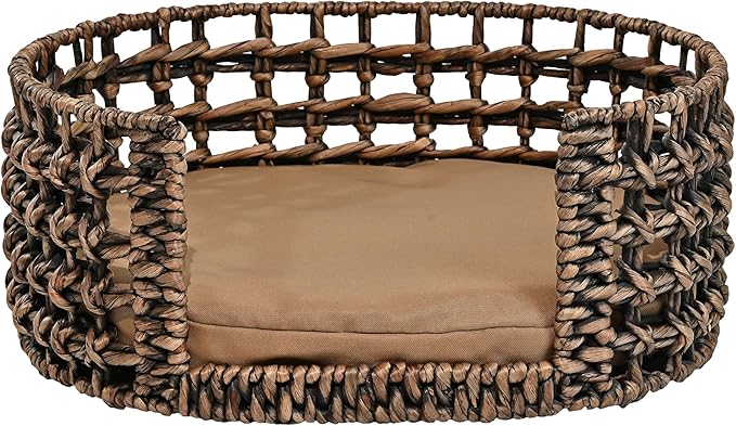 DBD4000B Gigi 24" x 18" Modern Bohemian Handwoven Hyacinth Open-Weave Oval Pet Bed with Machine-Washable Cushion, Brown