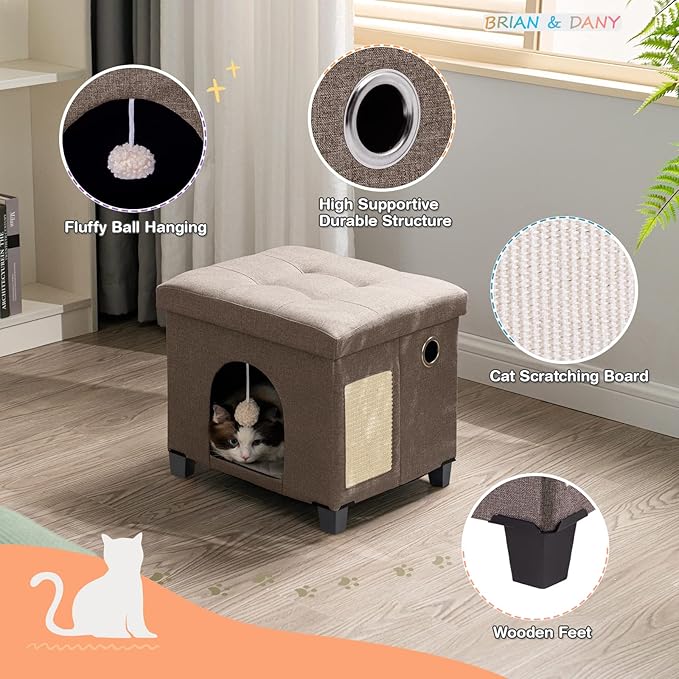 BRIAN & DANY Foldable Cat House for Indoor Cats, Large Cat Cube for Pet Cave with Scratch Board & Ball, 14.7" x 14.1” x 12.7”, Brown