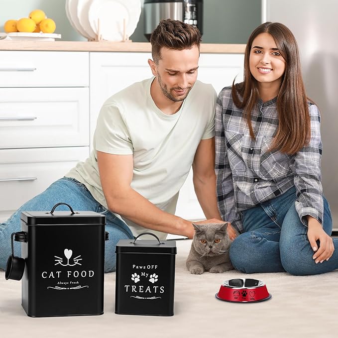 Meraki Home Farmhouse Cat Food and Treats Containers + Feed Scoop + Pet Food Bowl - Tight Lids - Large Metal Storage Bin - Great Gift for Cute Pets (Matte Black)