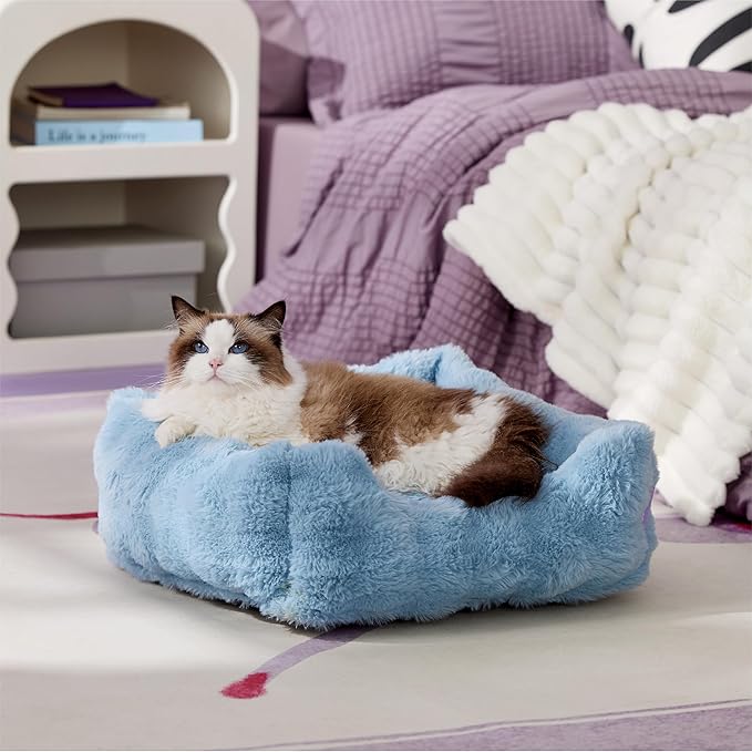 Lesure Fluffy Dog Beds for Puppy&Kitten- Orthopedic Rectangle Calming Pet Sofa,Fluffy Plush Bubble Bolster Cat Bed with Removable Washable Cover and Nonskid Bottom,20x19x6inches,Blue