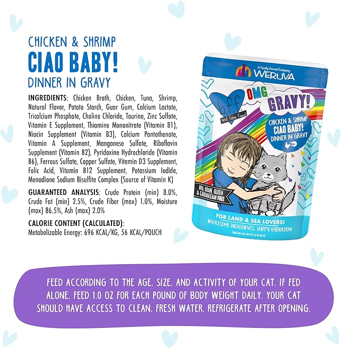 Weruva B.F.F. OMG - Best Feline Friend Oh My Gravy!, Ciao Baby! with Chicken & Shrimp in Gravy Cat Food, 2.8oz Pouch (Pack of 12)