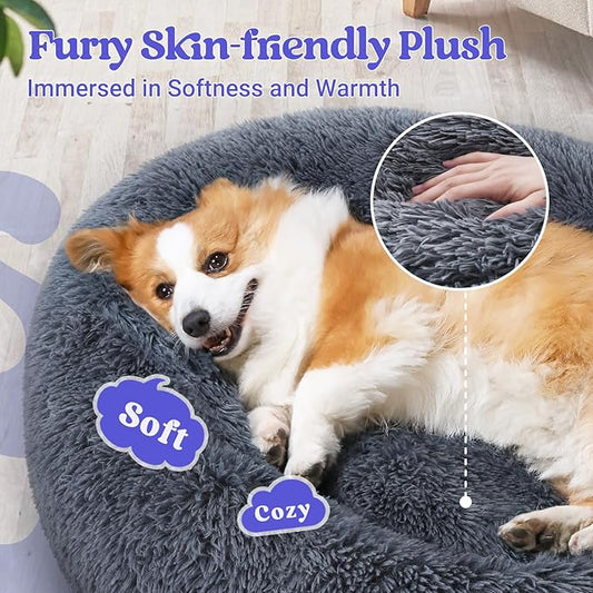 rabbitgoo Calming Dog Bed for Small Medium, 30 inches Pet Bed Machine Washable, Non-Slip Round Fluffy Plush Faux Fur Large Cat Cushion, Soft Donut Cuddler Cushion for Small Dogs, Dark Grey