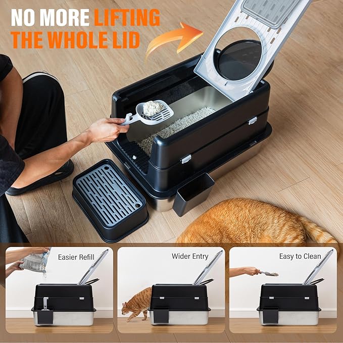 Stainless Steel Litter Box, XL Top Entry Cat Litter Box with Flip Lid, High Side Large Top Front Dual Exit Enclosed Cat Litter Pan Tray with Litter Scoop and Foot Pedal, Easy Cleaning, Anti-Leakage
