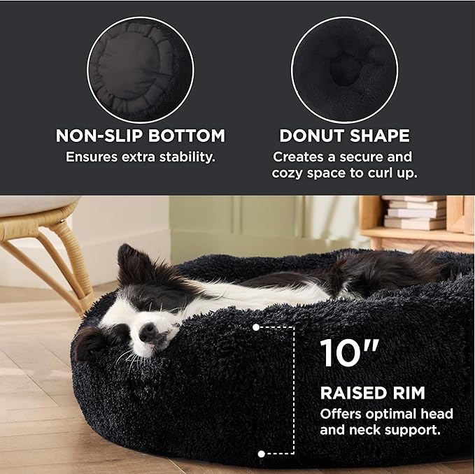 Bedsure Calming Dog Bed for Large Dogs - Donut Washable Large Pet Bed, 36 inches Anti-Slip Round Fluffy Plush Faux Fur Dog Bed, Fits up to 80 lbs Pets, Black