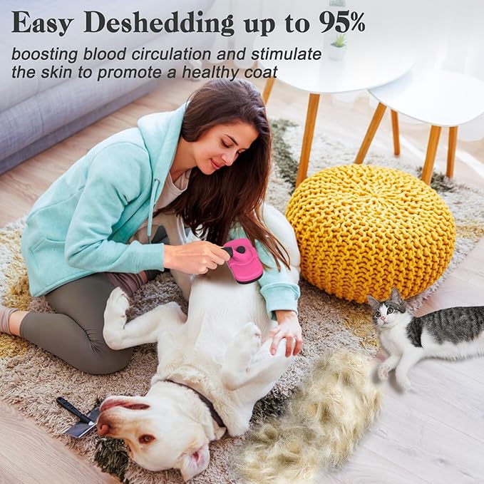 Self-Cleaning Pet Grooming Brush - Skin-Friendly Deshedding Tool for Dogs & Cats in Pink, Removes Loose Hair and Tangles