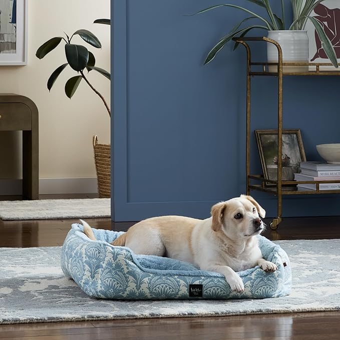 Nicole Miller New York PET Mod Damask Plushy Bolster Pet Bed, Cozy & Calming, Non-Slip Bottom, Machine Washable Cover, Taupe, Medium 30"x23"x8"