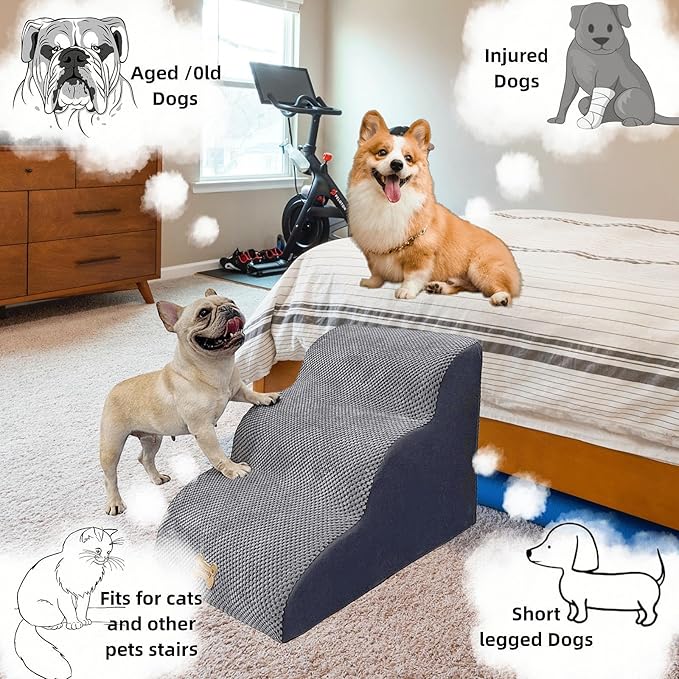 3-Step Dog Stairs for High Beds & Couches Multi-Step Non-Slip Pet Steps with Balanced Ramp Indoor 2 3 4 5 Step Stairs for Small to Large Dogs and Cats Non-Slip Stickers 30D Grey