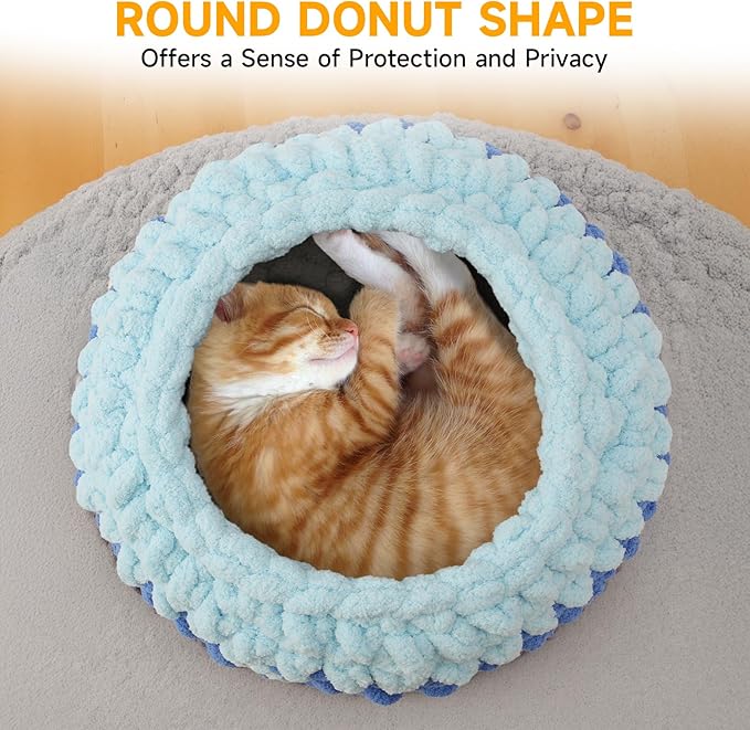 Ombre Gradient Round Cat Bed for Indoor Cats, Chunky Knit Washable & Plush Pet Bed, Cozy Nest with Non-Slip Bottom for Small Medium Cats