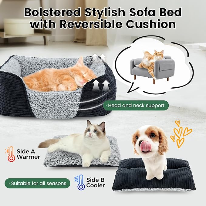Miguel Washable Dog & Cat Bed with Removable Cushion for Medium & Small Dogs, Easy to Wash Pet Sofa Bed with Side Bolster, Anti-Slip Bottom, Black, 30 Inch