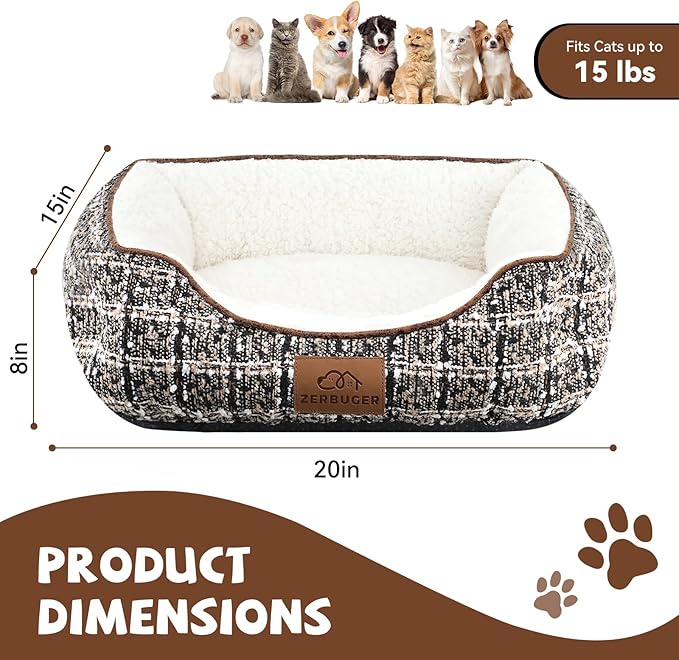 Tweed Rectangle Cat Dog Bed for Medium Small Pets Indoor Outdoor Machine Washable Sleeping Sofa Non-Slip Bottom Soft Puppy Bed Durable Orthopedic Calming Pet Cuddler (Small, Tweed)