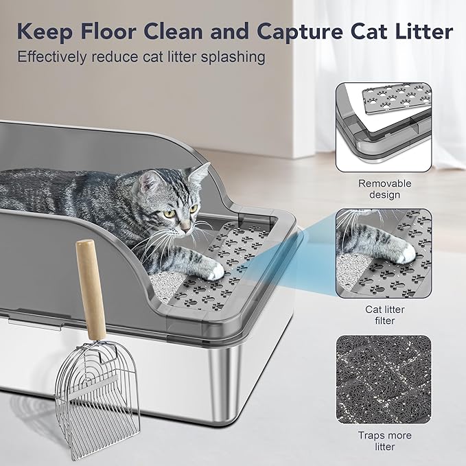 UPSKY Stainless Steel Cat Litter Box with Lid, XL Large Metal Litter Box for Large Breeds, Enclosed Kitty Litter Pan with High Sides, Leak-Proof & Non-Stick, Easy to Clean, Scoop and Mat Included