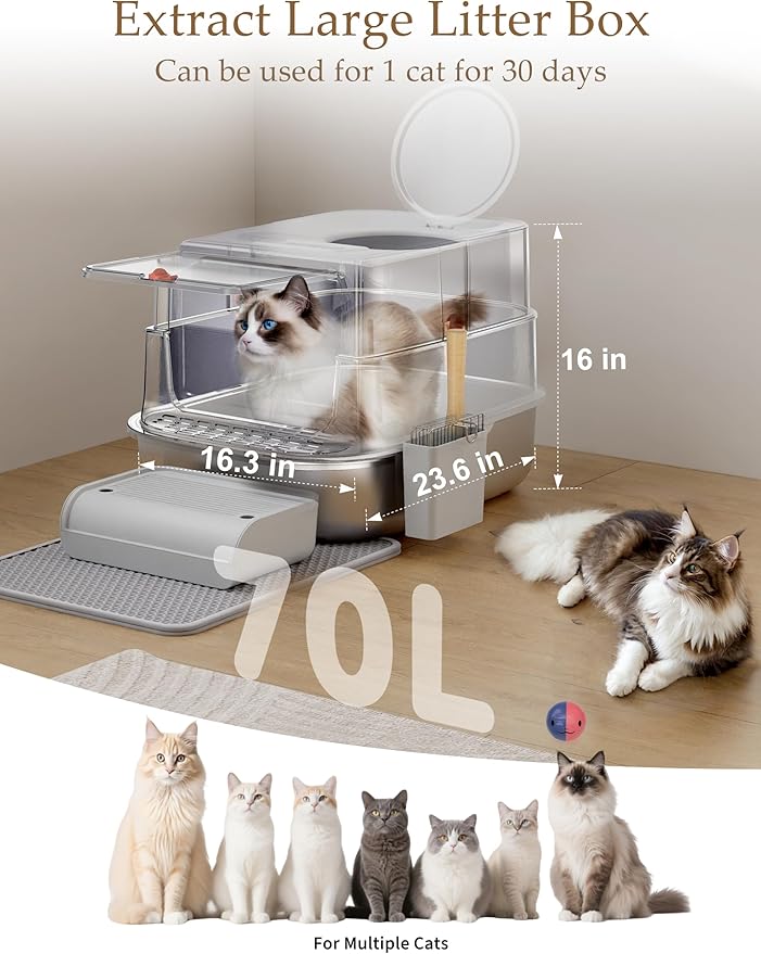 Stainless Steel Litter Box with Lid, Extra Large Enclosed Cat Litter Box for Big Cats, Anti-Leakage Metal Kitty Box with High Sided Enclosure, Scoop, Pedal & Non-Slip Mat, Easy to Clean