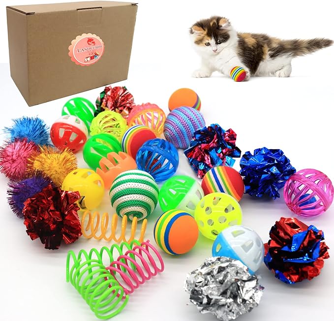 LASOCUHOO Cat Toys Kitten Assortment - Rainbow, Crinkle, Sparkle, Bell & Sisal Balls for All Cats - 30 Packs