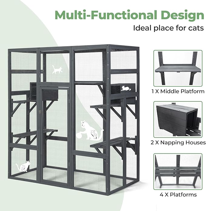 COZIWOW 70Inches Large Stable Spacious Wooden Catio Outdoor Cat Enclosure with Perches and Condos, Cat Cage Indoor with Waterproof Roof, 7 Platforms & 2 Resting Box, UV Resistant (Grey)