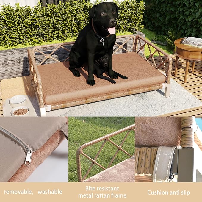 Outdoor Wicker Dog Bed Indoor Rattan Dogs Sofa with Soft Cushion, Dog Couch & Furniture, Pet Bed with Crate Pad(Brown Wicker and Cushion, Large and Medium)