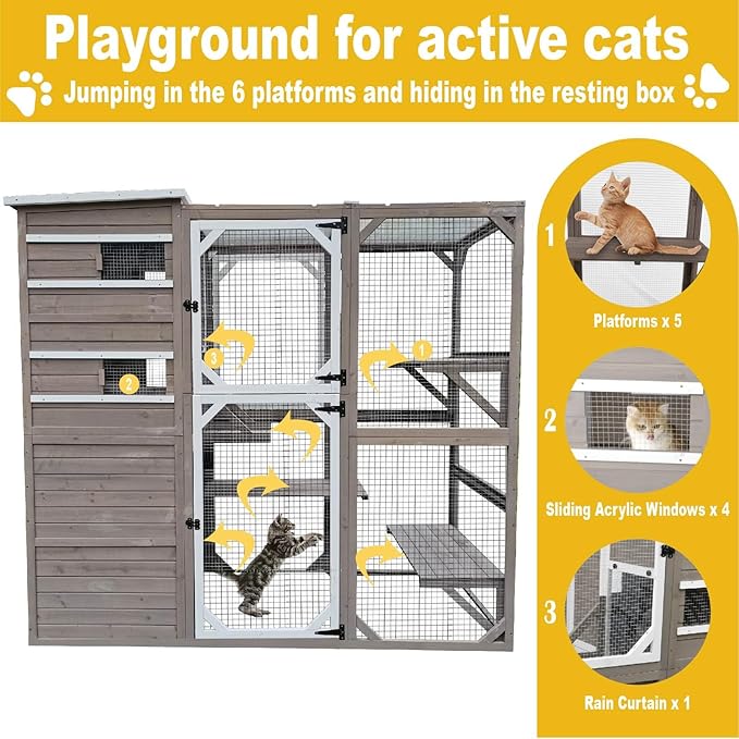 Large Outdoor Catio Enclosures - Wooden Cat House Weatherproof with Multi Platforms & Weather Resistant Roof, Indoor Interoperability - 71" H 77" L