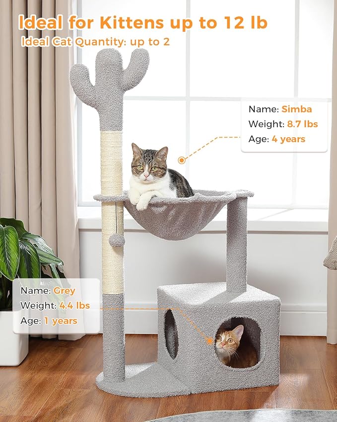 Cactus Cat Tree Cat Scratching Post 40" Cat Tower with Large Metal Carpet Hammock, Cat Scratching Post for Indoor Cats with Condo& Dangling Ball, Grey