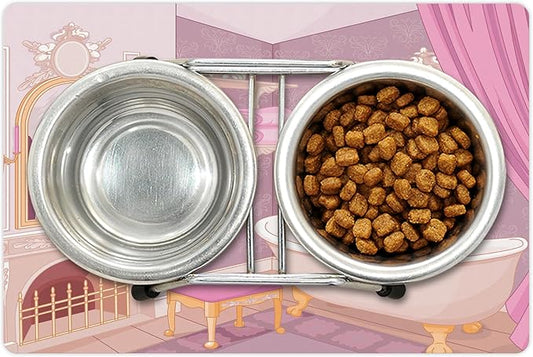 Lunarable Feminine Pet Mat for Food and Water, Design in The Palace of The Cartoon Bathtub Cabinet Mirror Washroom, Non-Slip Rubber Mat for Dogs and Cats, 18" X 12", Beige Pink