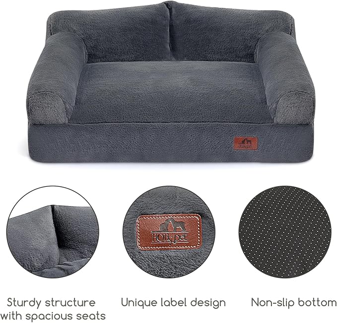 Hollypet Fluffy Plush Dog Cat Pet Couch Soft Calming Sofa Bed for Medium Small Cats and Dogs, Gray, M