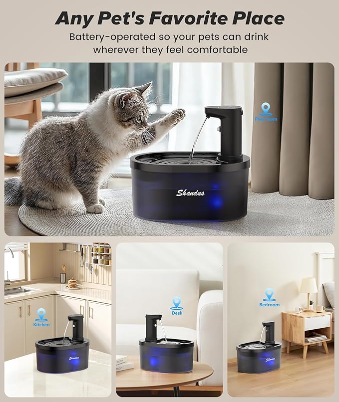 Wireless Cat Water Fountain, 5000mAh Battery Operated Cat Fountain, 101oz/3L Cordless Pet Drinking Fountain with Motion Sensor for Cats Indoor Outdoor Ultra Quiet BPA-Free