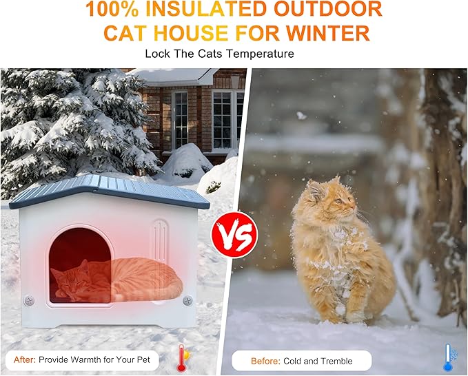 Rockever Plastic Outdoor Indoor Cat House with Insulated Liner, 100% Insulated Outdoor Cat Houses for Winter Feral Cats, Waterproof Escape Door Design, Assemble Easily-Grey