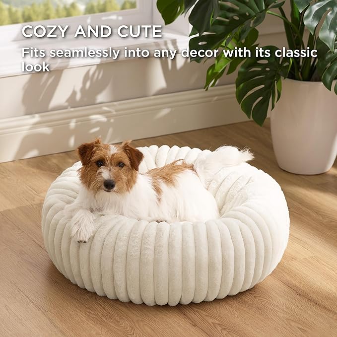 Bedsure Donut Small Dog Bed - Dog Beds for Small Dogs with Corduroy Fleece & Anti Slip Bottom, Round Faux Fur Pet Beds with Washable Removable Cover, Cream, 27x27x8 inches