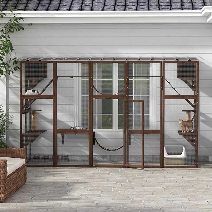 PawHut Catio Outdoor Cat Enclosure Window, Outdoor Cat House with Weather Protection Roof for Multiple Kitties, Wooden Frame, Shelves & Bridges, 118" x 37.5" x 74", Coffee Brown