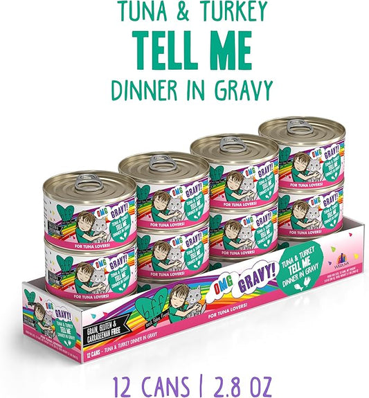 Weruva B.F.F. OMG - Best Feline Friend Oh My Gravy!, Tuna & Turkey Tell Me with Tuna & Turkey, 2.8oz Can (Pack of 12)