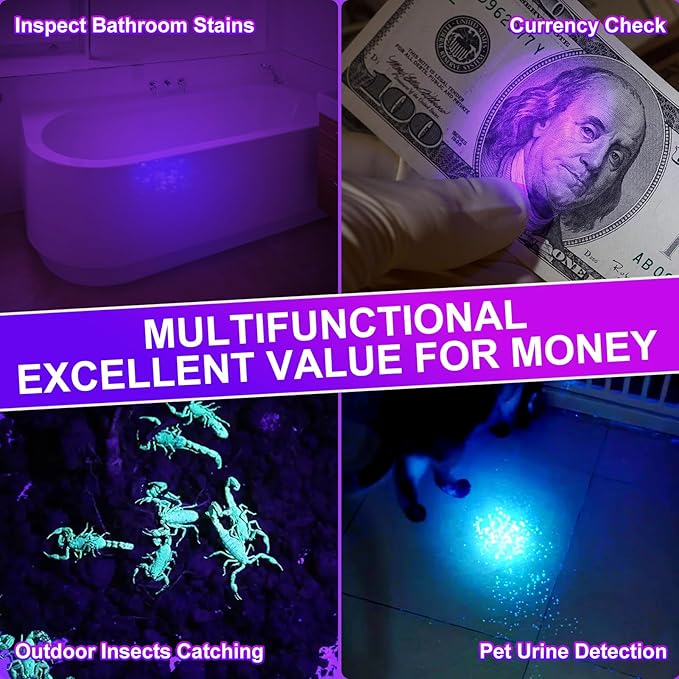 365nm Black Light Flashlight with Black Filter, 50W Rechargeable UV Flashlight, Ultraviolet Bright UV Led Torch for Pet Urine & Bed Bug Detector, Scorpions, Dry Stains, Ore and Jade (365 nM)