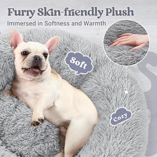 rabbitgoo Calming Dog Bed for Small Medium, 27 inches Pet Bed Machine Washable, Non-Slip Round Fluffy Plush Faux Fur, Soft Donut Cuddler Cushion for Small Dogs, Light Grey