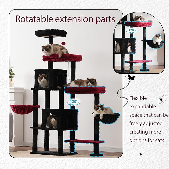 Hey-brother Cat Tree Tower, Scratching Posts with a Extended Part, Wide Platforms, Cozy Condos, Hammocks, Sisal Columns and Ball for Indoor Cats, 70.1 Inches, Black and Red MPJ038BR