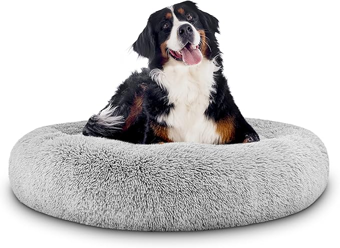 The Dog’s Bed Sound Sleep Donut Dog Bed, XL Silver Grey Fur Calming Nest Bed Removable Cover, Veterinary Approved