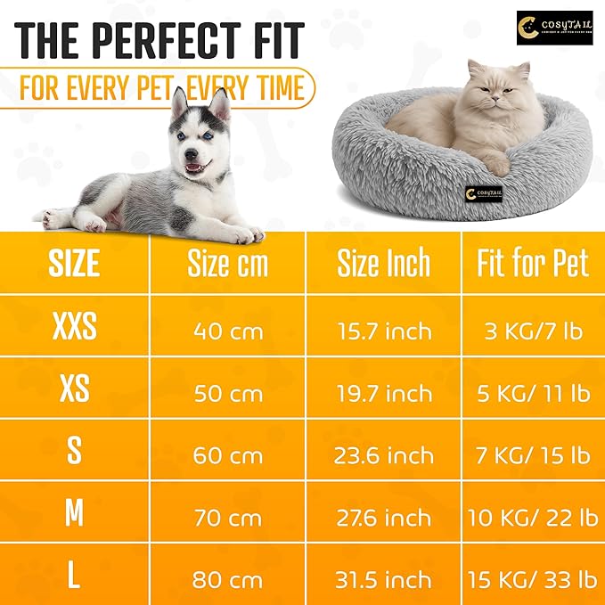 Anti-Anxiety Donut Pet Bed, Round Plush Faux Fur, Washable, Small to Medium Dogs and Cats (Grey, Large)