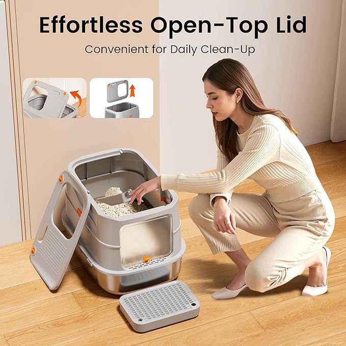 Extra-Large Stainless Steel Cat Litter Box with Lid, Dual Entry Design (Front & Top), Leak-Proof & Odor-Free, Easy to Clean Metal Kitty Litter Pan with Scoop & Filter Pedal