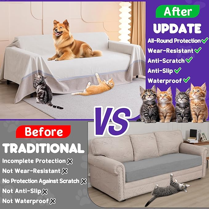 Cat Scratch Furniture Protector - Anti-Slip, Waterproof Sofa Cover to Keep Cats Off, Pet-Friendly Couch Protectors for 3 Cushion Couch, Beige Anti-Scratch Couch Cover for Pets and Kids 118"X91"Beige