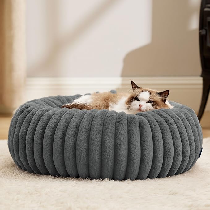 Bedsure Cat beds for Indoor Cats - Donut Dog Beds for Small Dogs with Corduroy Fleece & Anti Slip Bottom, Faux Fur Pet Beds with Washable Removable Cover, Warm Grey, 20x20x6 inches