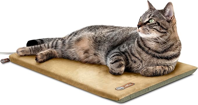K&H Pet Products Heated Cat Bed Pad for Indoor Cats, Thermo-Kitty Mat Calming Warm Pet Heating Pad for Inside Pets, Machine Washable, Waterproof Heater, Safety Listed - 12.5 X 25in Sage/Tan