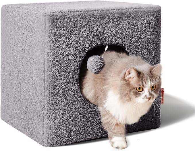 Cat House for Indoor Cats, Fluffy Large Cube Cat Cave Bed, Perfect Hideaway for Multiple Cats & Small Pets, Detachable Sherpa Cover 16 Inches