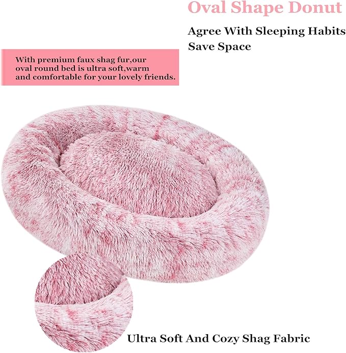 Coohom Oval Calming Donut Cuddler Dog Bed,Shag Faux Fur Cat Bed Washable Round Pillow Pet Bed(30"/36"/43") for Small Medium Dogs (XXL(43"x34"x8"), Red)